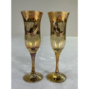 Amber Iridescent 8.25” Glass Flutes with Gold Patterned Overlay Heavy Charity